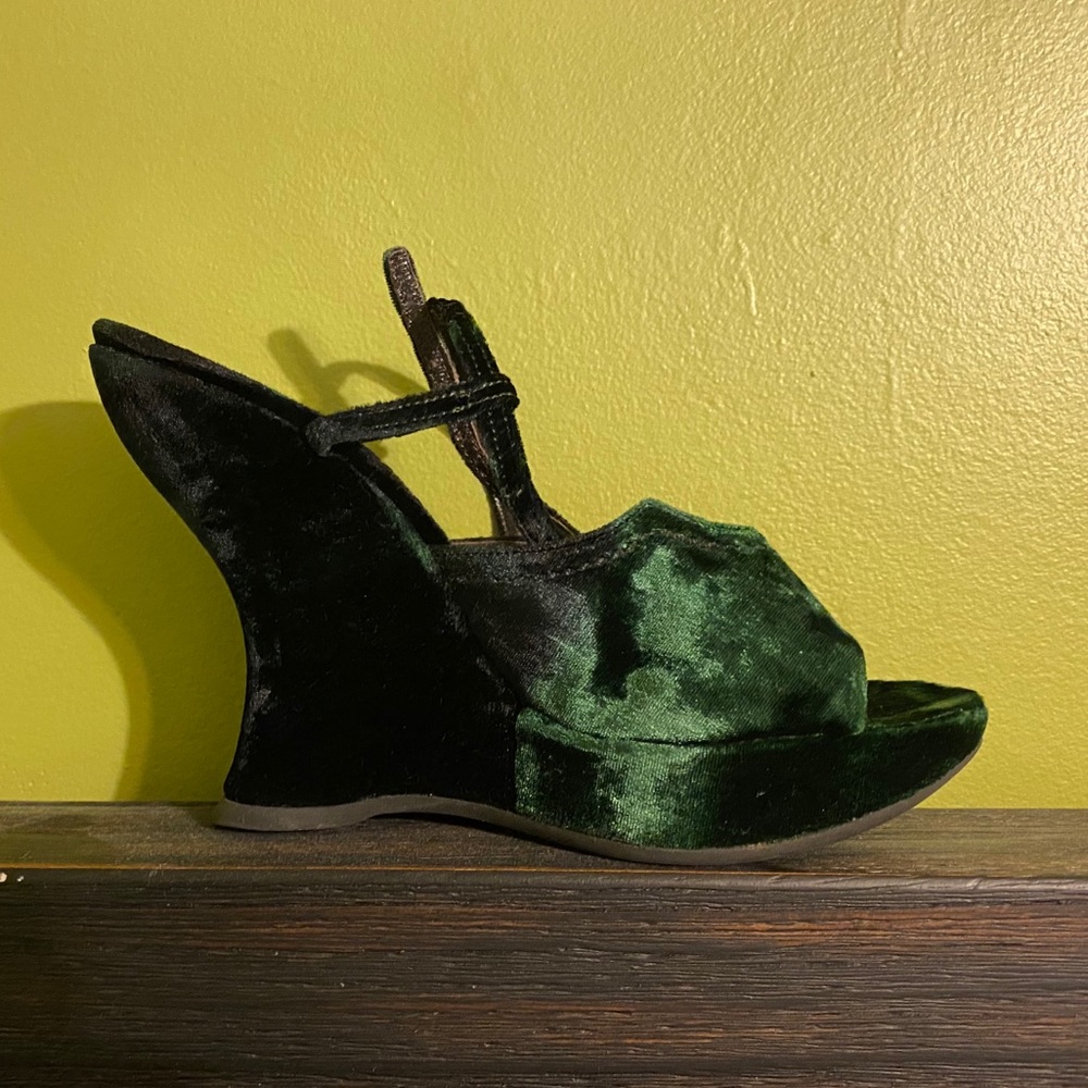 Prada Green Velvet U Detail Wedge Sandals